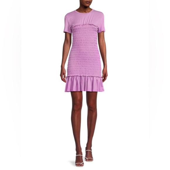 New Veronica Beard Tomlin Smocked Bodice Mini T-Shirt Dress in Violet Size L - Picture 4 of 13